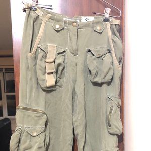 Vtg Da-Nang Surplus Indo-Chine 100% Silk Khaki Cargo Pants Zipper Leg Sz S Y2K